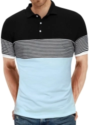 Mens Short Sleeve Polo Shirts Casual Slim Fit Contrast Color Stitching Stripe Cotton Shirts