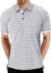 Mens Short Sleeve Stripe Polo Shirts Casual Slim Fit Basic Designed Cotton Shirts