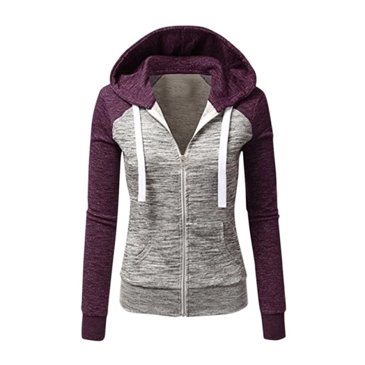 Womens Casual Zipper Up Hooded Sweatshirts Long Sleeves Patchwork