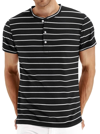 Mens Striped Shirt Short Sleeve T Shirts Casual Summer Henley Tops Crew Neck Basic Tee