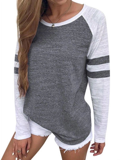 Women Stripe Splice Long Sleeve Crew Neck Shirt