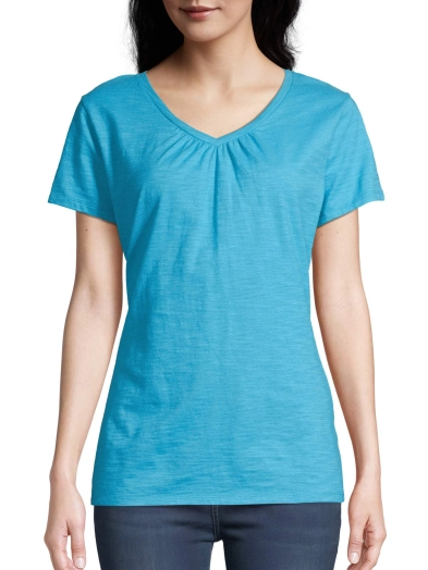 Womens Slub Jersey Shirred V Neck T Shirt
