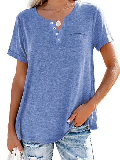 Womens Solid Color Buttons V Neck Summer Tops Casual Short Sleeve Simple T Shirt