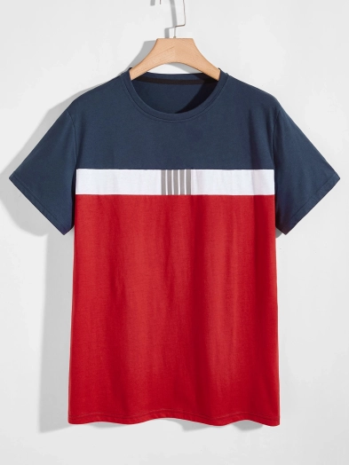 Multicolor Mens Reflective Striped Cut And Sew Tee Casual T Shirts